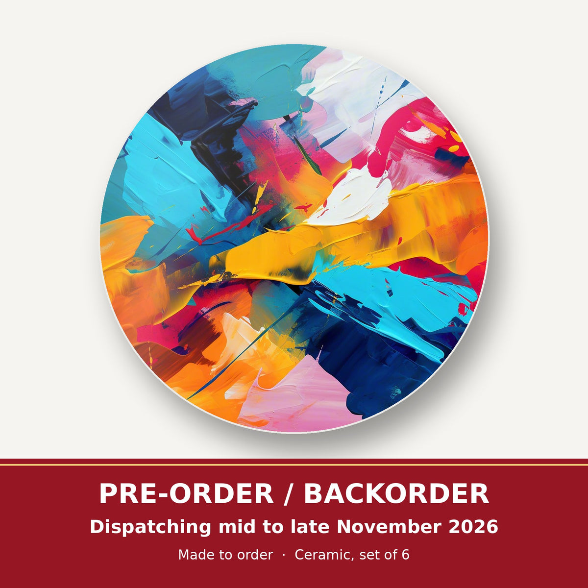 Bold Brushstroke Abstract round ceramic coaster set of 6 – pre-order / backorder, dispatching mid to late November 2026