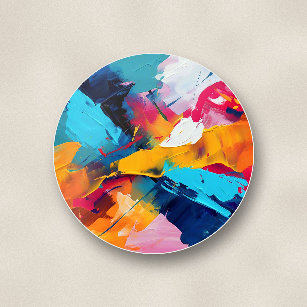 Close-up of one bold brushstroke abstract round ceramic coaster, flat UV print