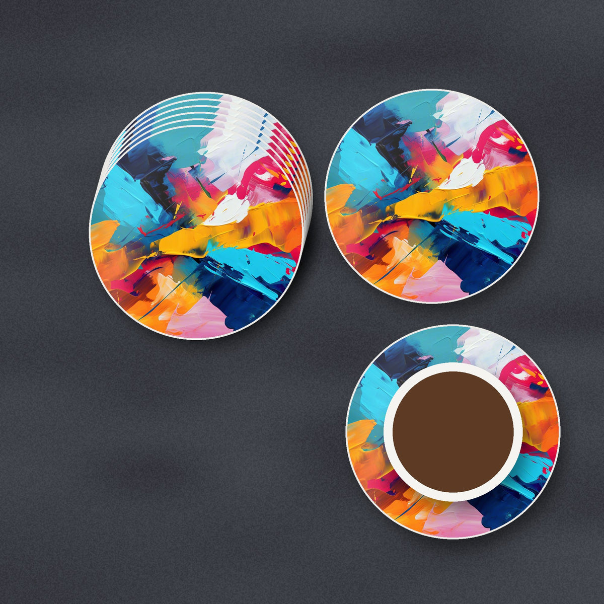 Bold Brushstroke Abstract round ceramic coasters stacked on a slate kitchen worktop