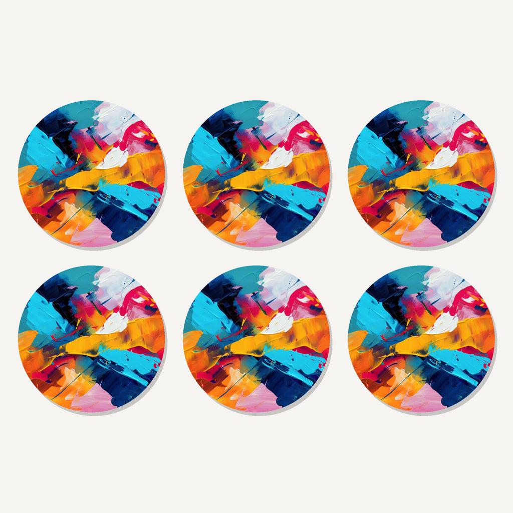 Flat lay of the bold brushstroke abstract artwork on six round coasters