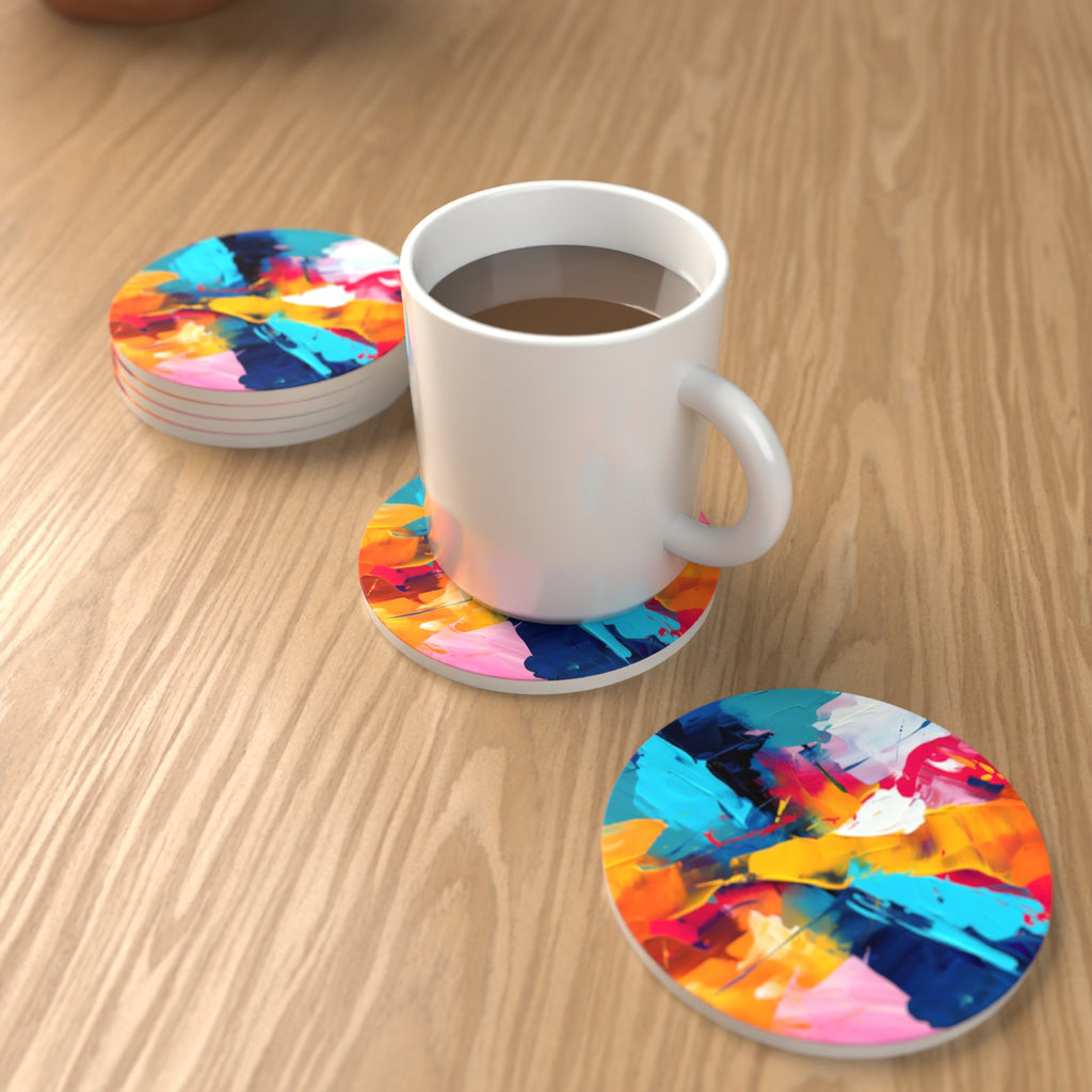 Bold Brushstroke Abstract Round Ceramic Coasters – Set of 6 – lifestyle mockup with a mug of coffee
