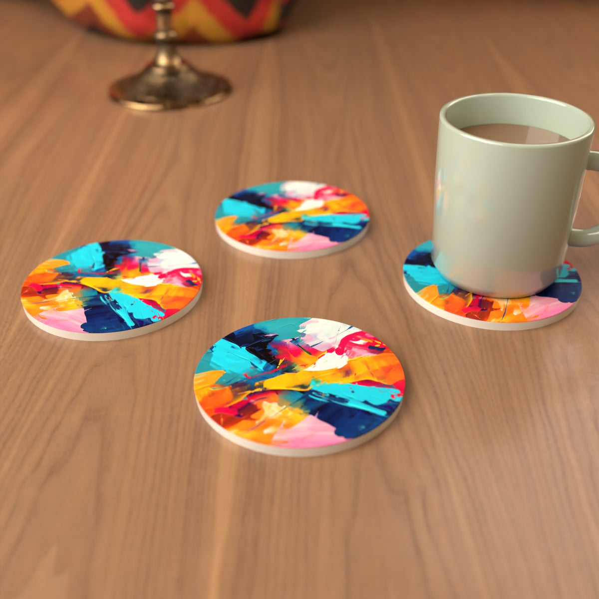 Bold Brushstroke Abstract Round Ceramic Coasters – Set of 6 – cosy lifestyle mockup