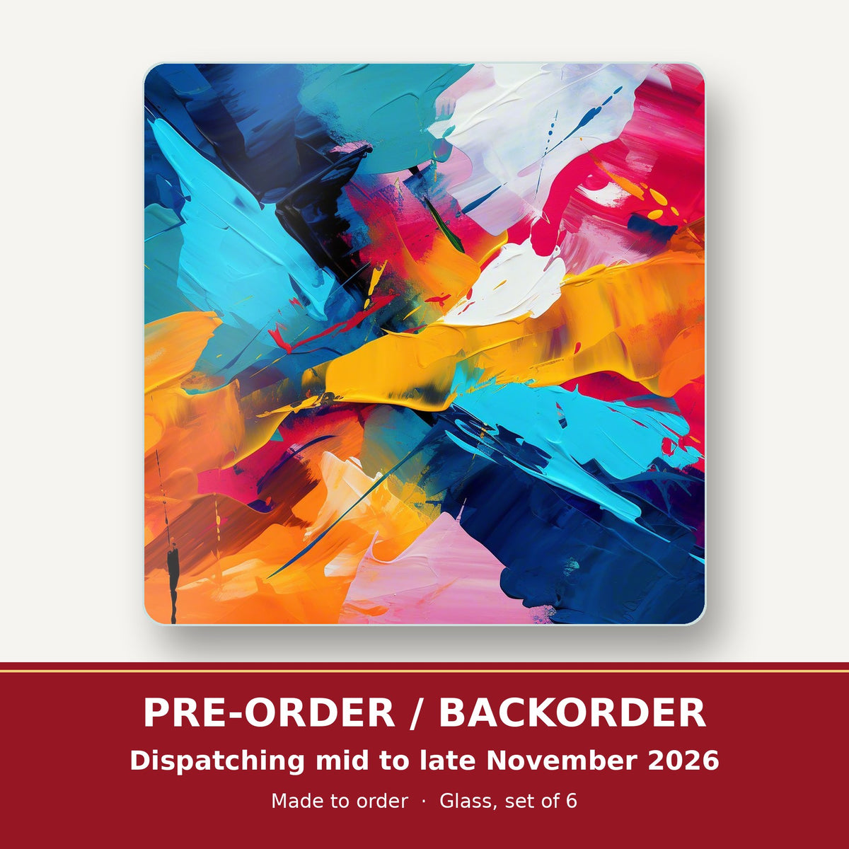Bold Brushstroke Abstract square glass coaster set of 6 – pre-order / backorder, dispatching mid to late November 2026