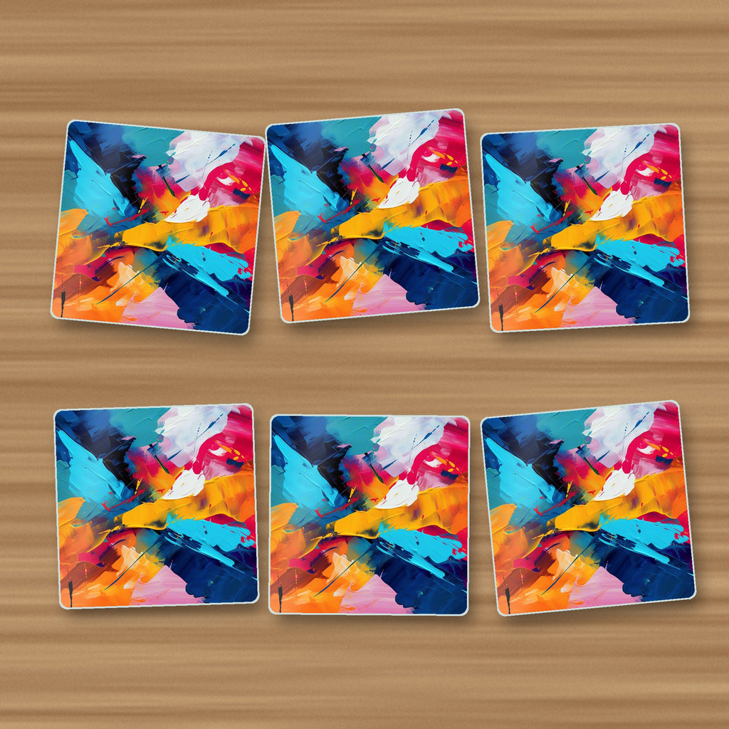 Bold Brushstroke Abstract square glass coasters, set of 6, on an oak coffee table