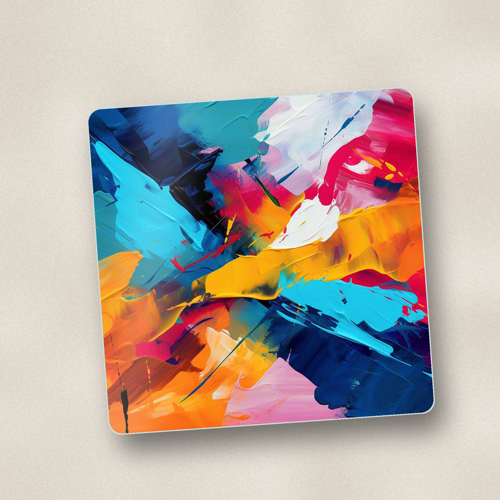 Close-up of one bold brushstroke abstract square glass coaster, flat UV print