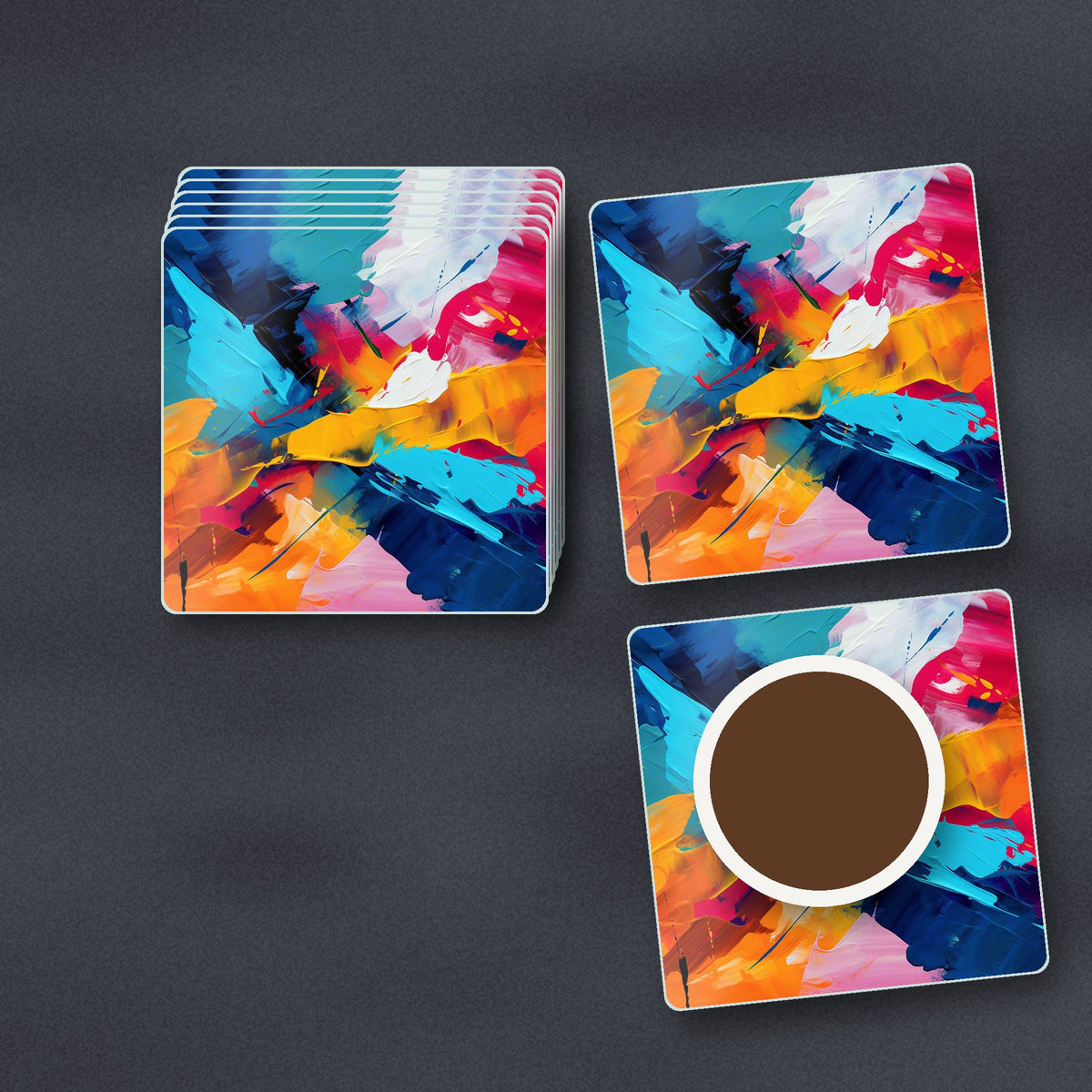 Bold Brushstroke Abstract square glass coasters stacked on a slate kitchen worktop