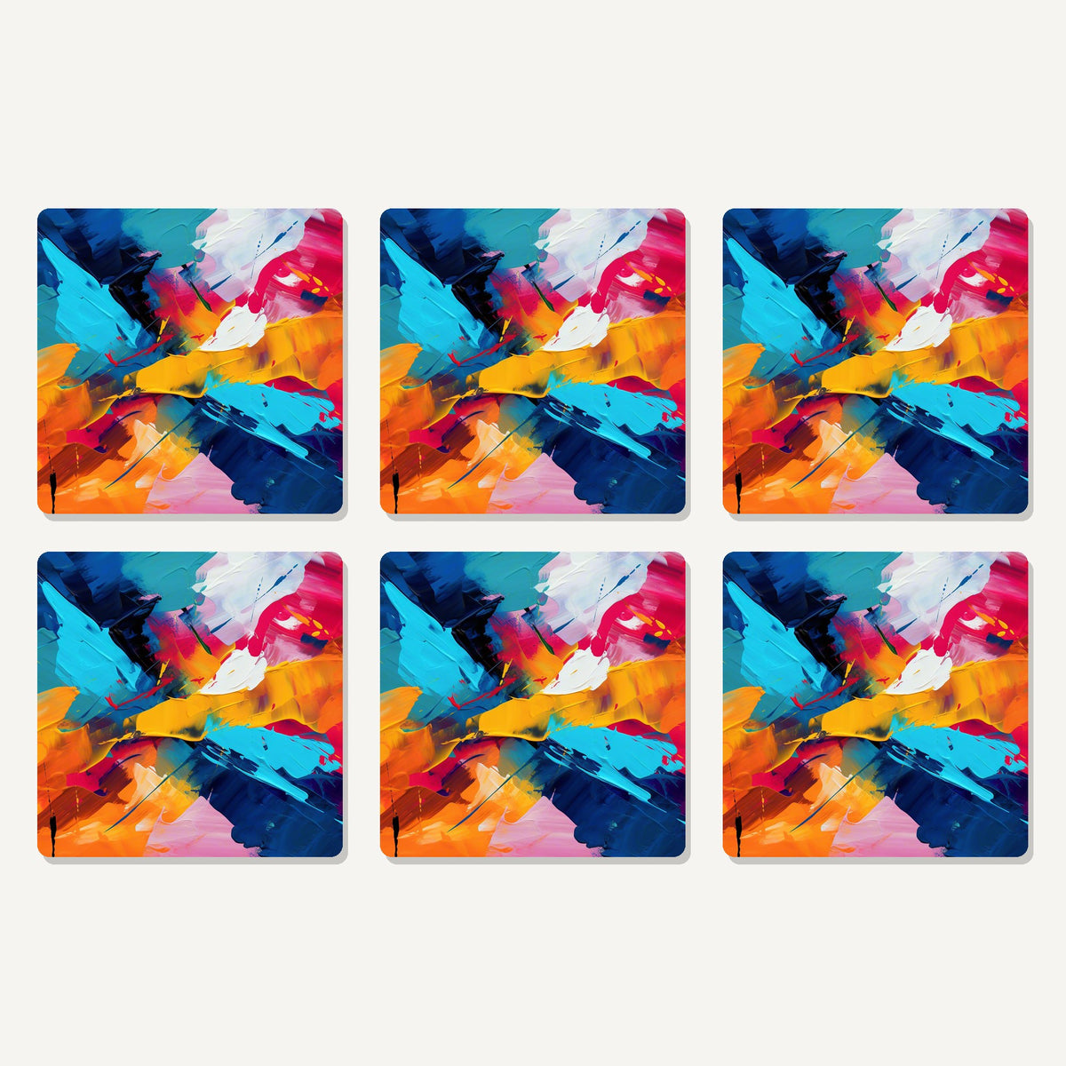 Flat lay of the bold brushstroke abstract artwork on six square coasters