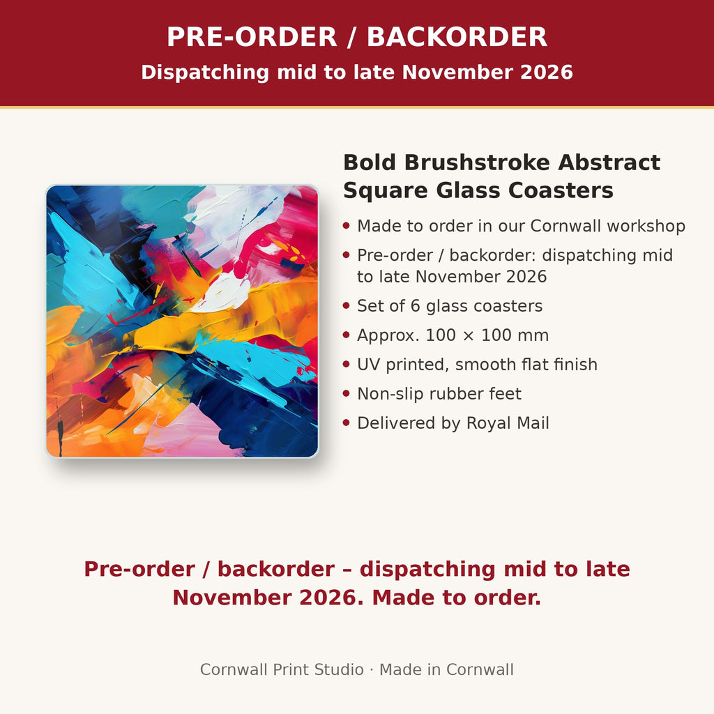 Info card: Bold Brushstroke Abstract Square Glass Coasters – Set of 6, made to order, dispatching mid to late November 2026, delivered by Royal Mail