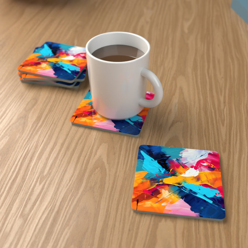 Bold Brushstroke Abstract Square Glass Coasters – Set of 6 – lifestyle mockup with a mug of coffee