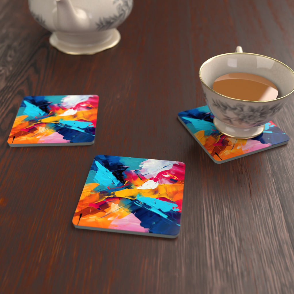 Bold Brushstroke Abstract Square Glass Coasters – Set of 6 – lifestyle mockup with a teacup