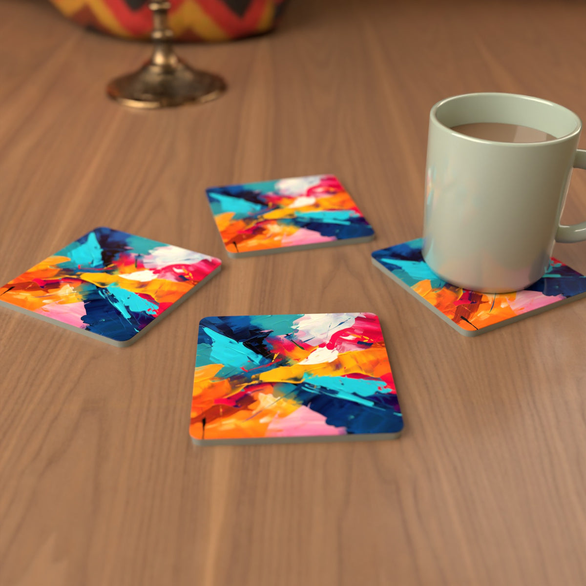 Bold Brushstroke Abstract Square Glass Coasters – Set of 6 – cosy lifestyle mockup