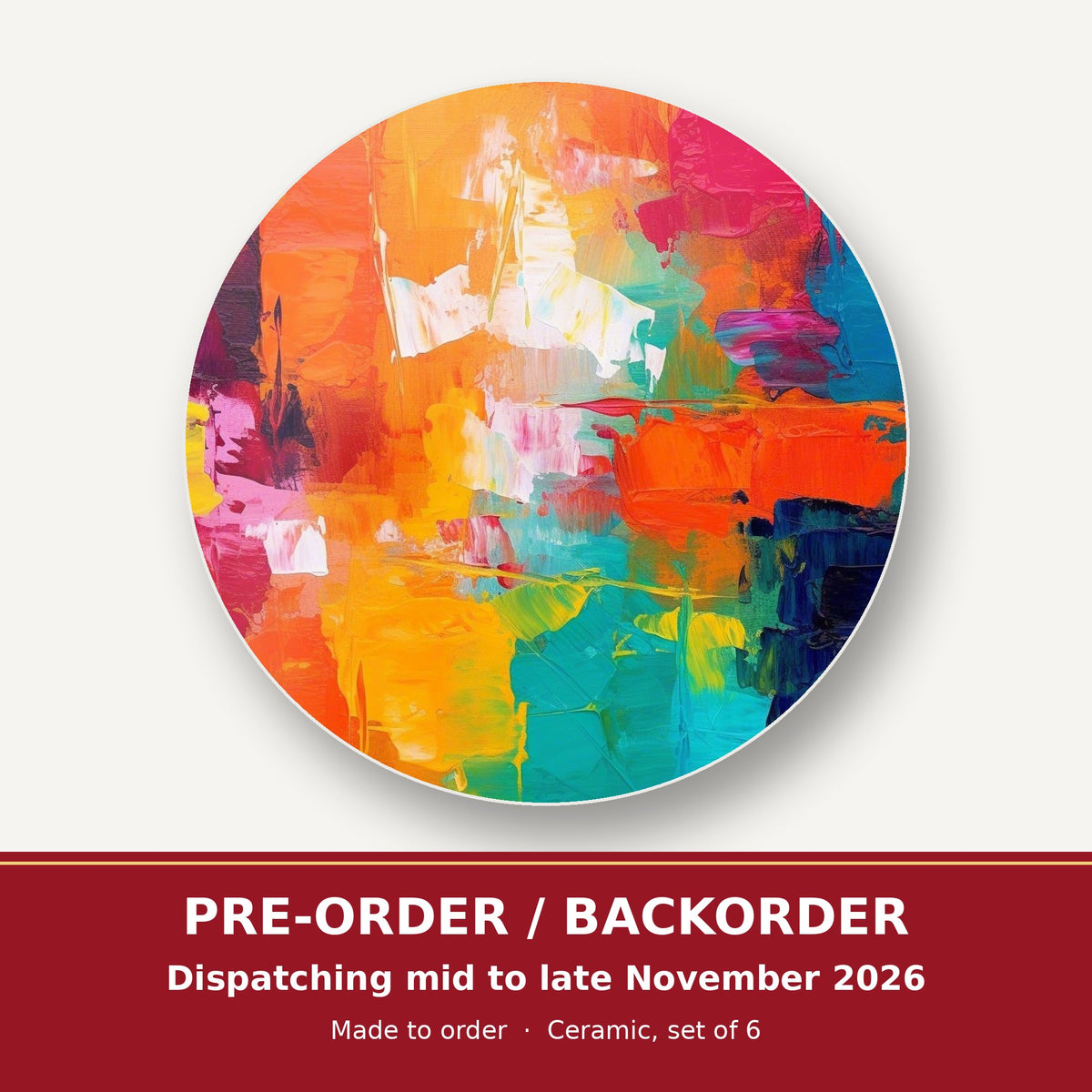 Sunset Palette Knife Abstract round ceramic coaster set of 6 – pre-order / backorder, dispatching mid to late November 2026