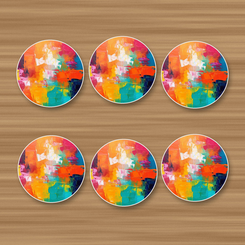 Sunset Palette Knife Abstract round ceramic coasters, set of 6, on an oak coffee table