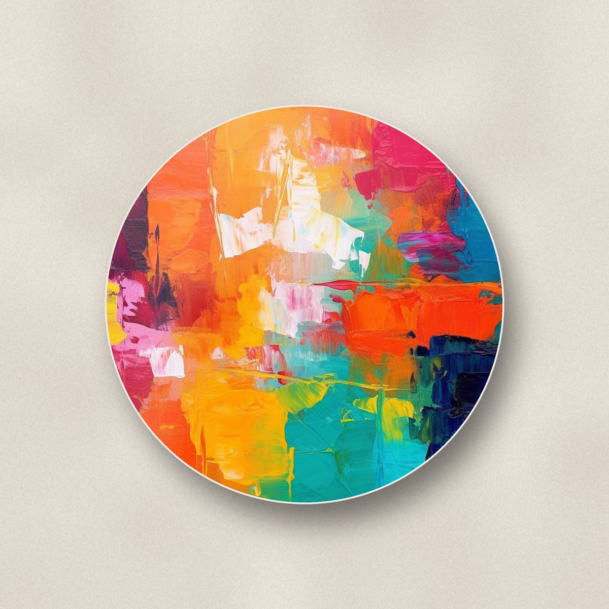 Close-up of one sunset palette knife abstract round ceramic coaster, flat UV print