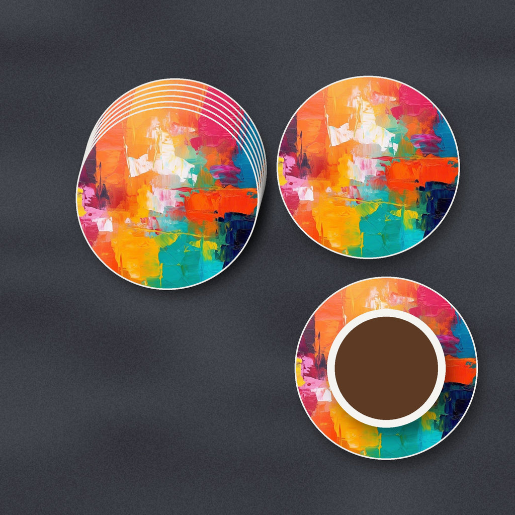 Sunset Palette Knife Abstract round ceramic coasters stacked on a slate kitchen worktop