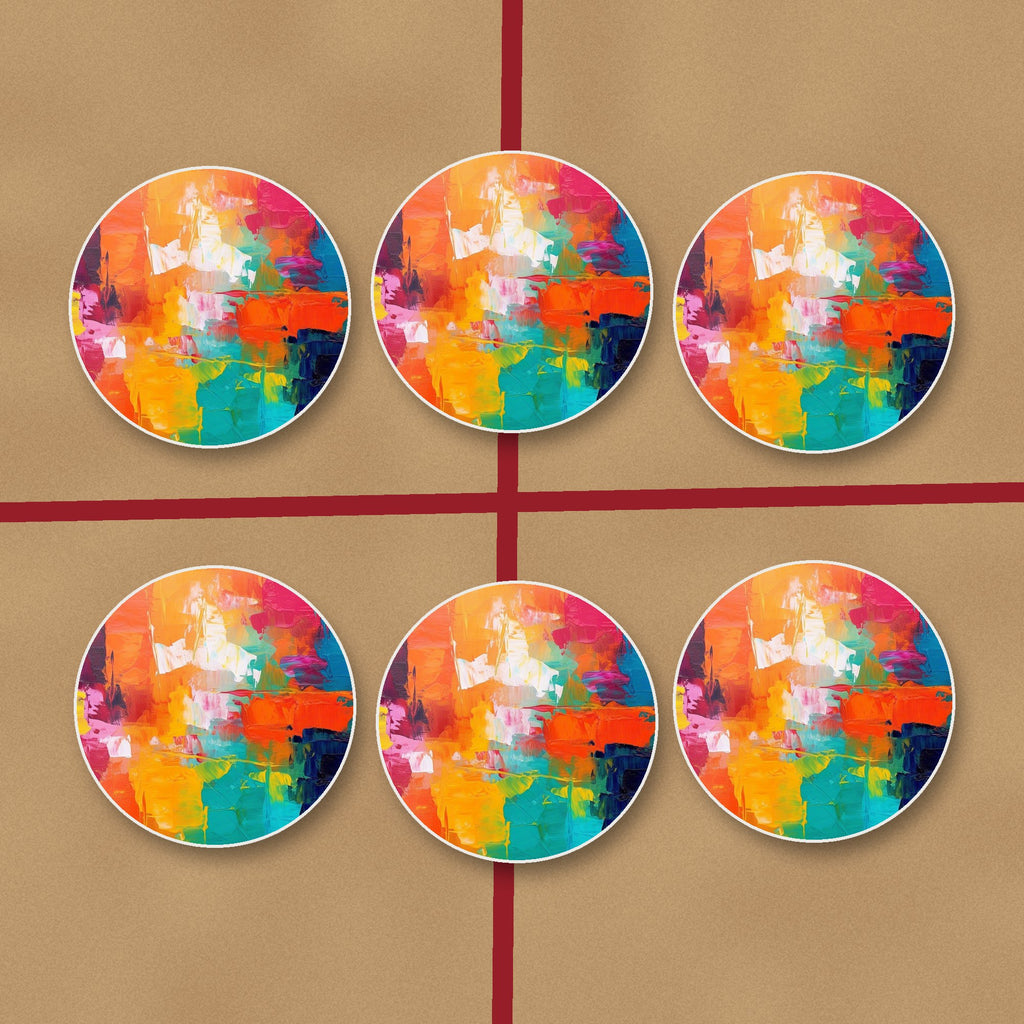 Sunset Palette Knife Abstract round ceramic coasters on kraft gift wrap