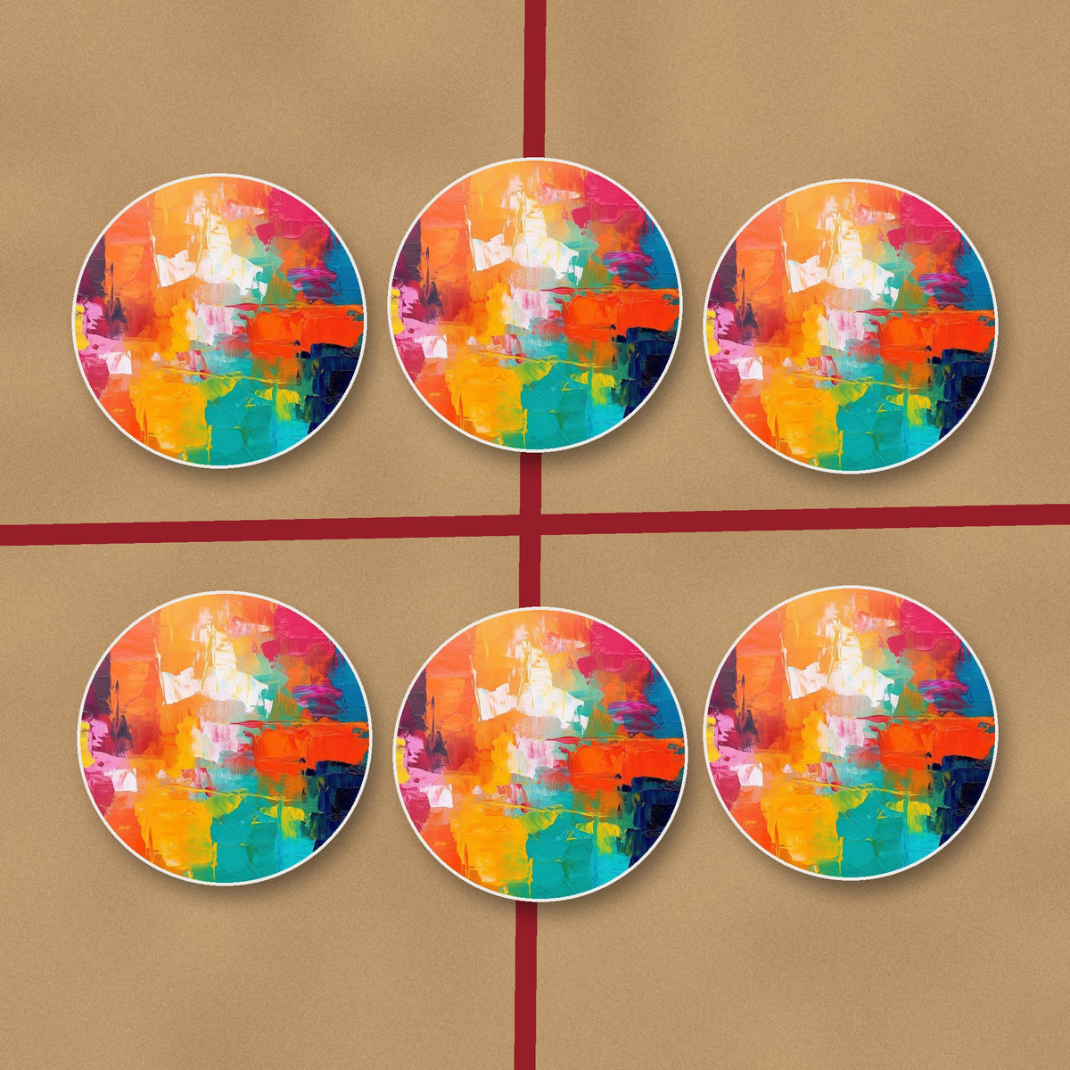 Sunset Palette Knife Abstract round ceramic coasters on kraft gift wrap
