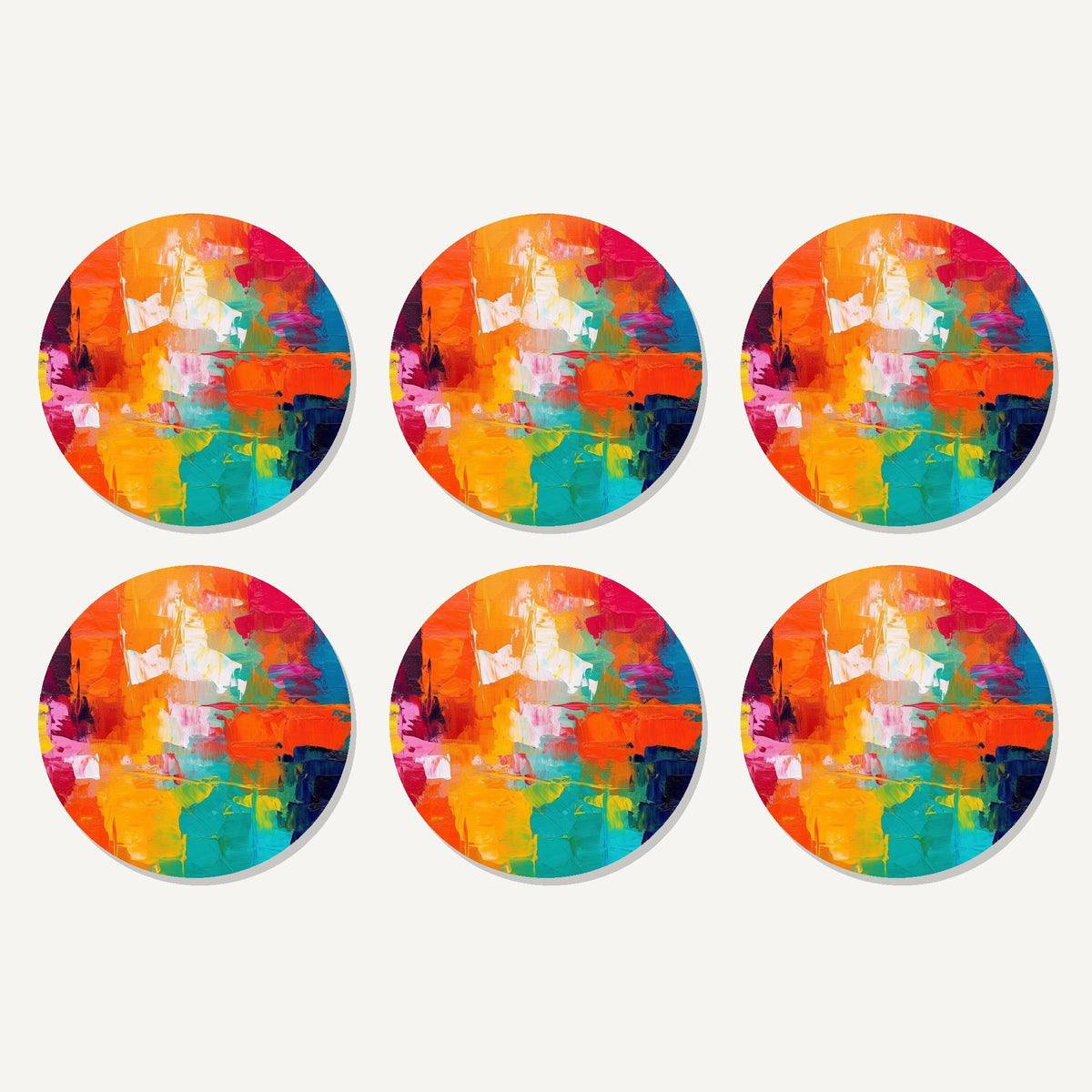 Flat lay of the sunset palette knife abstract artwork on six round coasters
