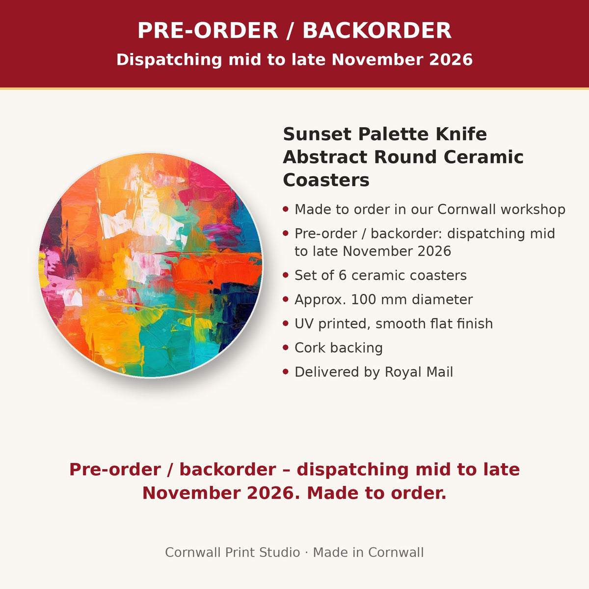 Info card: Sunset Palette Knife Abstract Round Ceramic Coasters – Set of 6, made to order, dispatching mid to late November 2026, delivered by Royal Mail