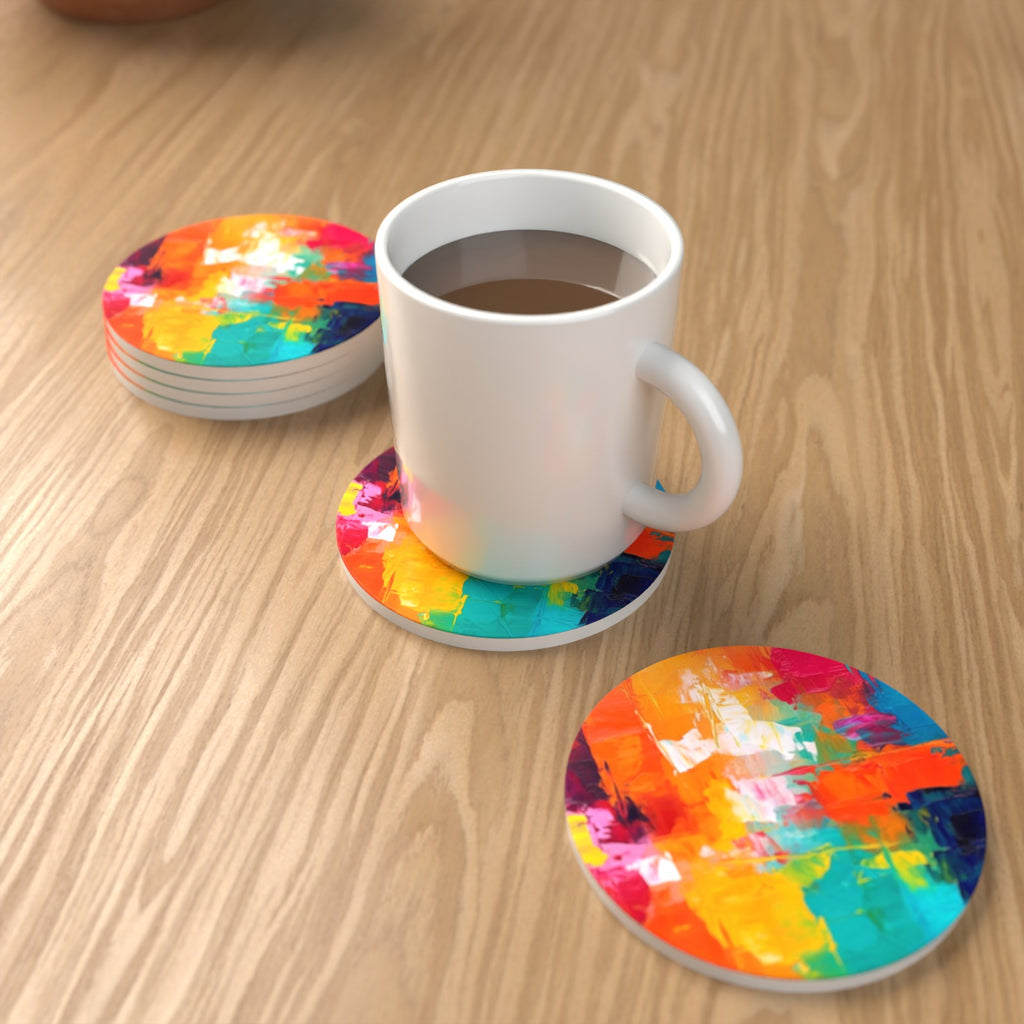 Sunset Palette Knife Abstract Round Ceramic Coasters – Set of 6 – lifestyle mockup with a mug of coffee
