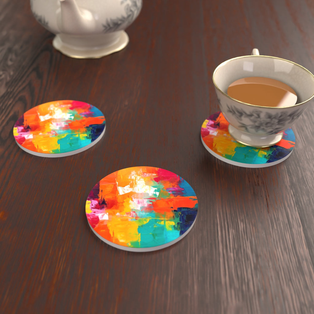 Sunset Palette Knife Abstract Round Ceramic Coasters – Set of 6 – lifestyle mockup with a teacup