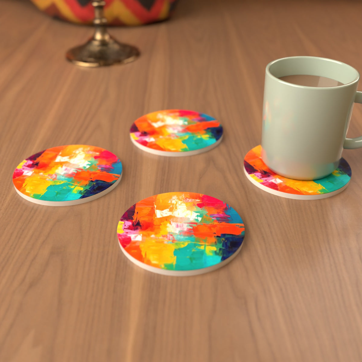 Sunset Palette Knife Abstract Round Ceramic Coasters – Set of 6 – cosy lifestyle mockup