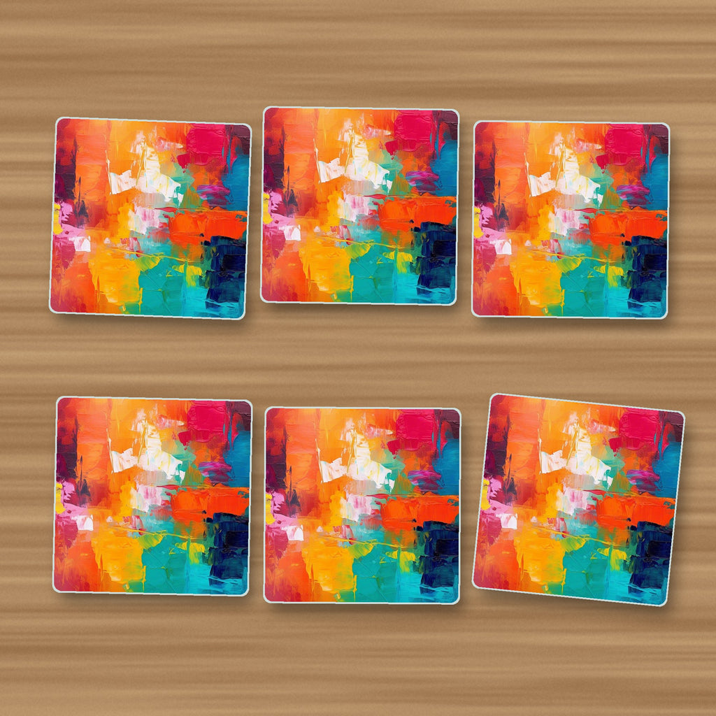 Sunset Palette Knife Abstract square glass coasters, set of 6, on an oak coffee table