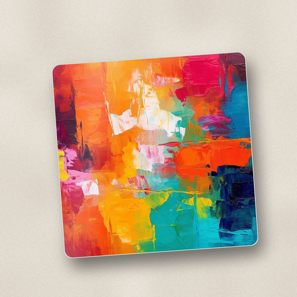 Close-up of one sunset palette knife abstract square glass coaster, flat UV print