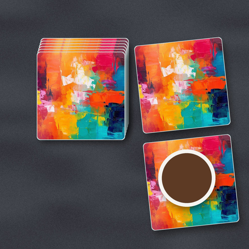 Sunset Palette Knife Abstract square glass coasters stacked on a slate kitchen worktop
