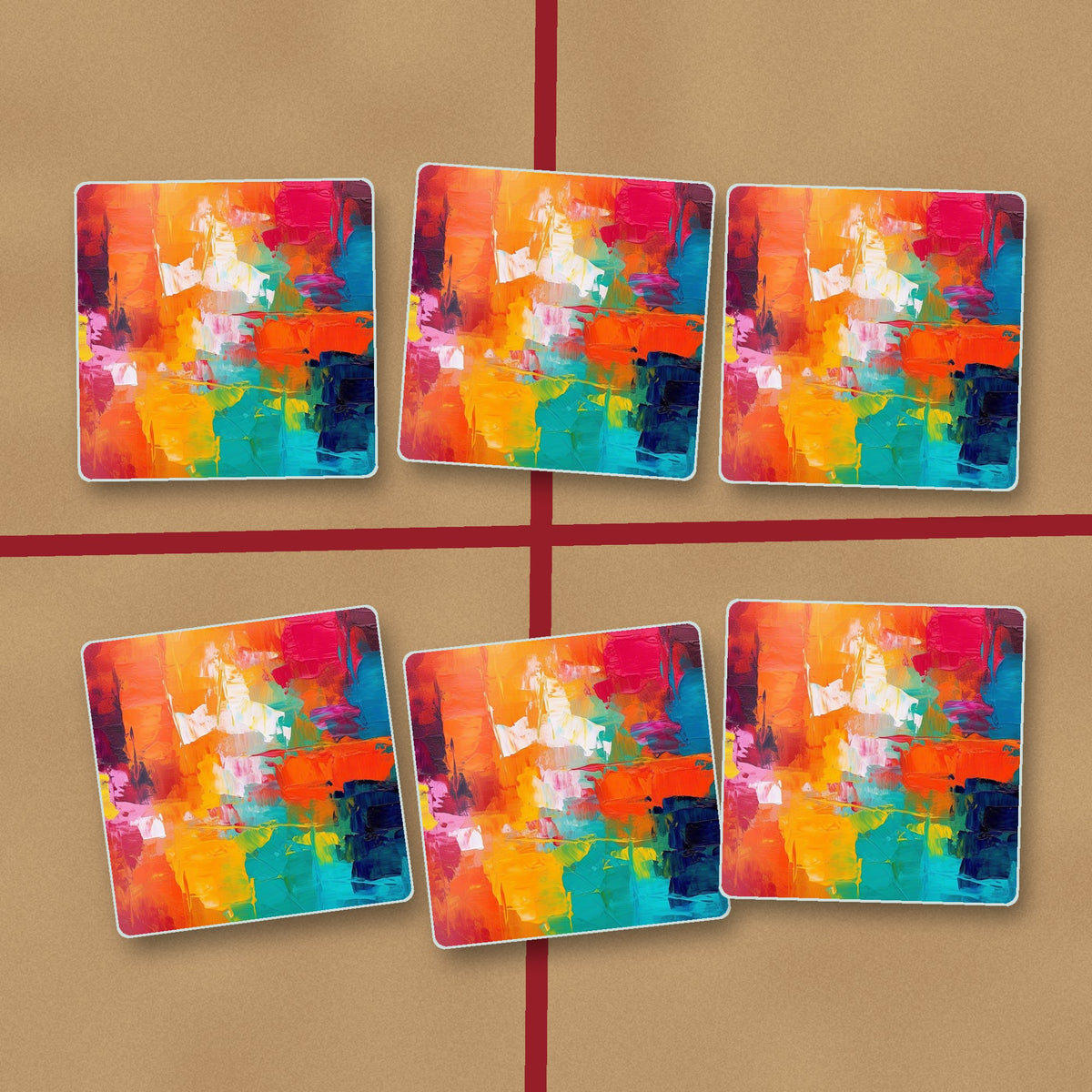 Sunset Palette Knife Abstract square glass coasters on kraft gift wrap