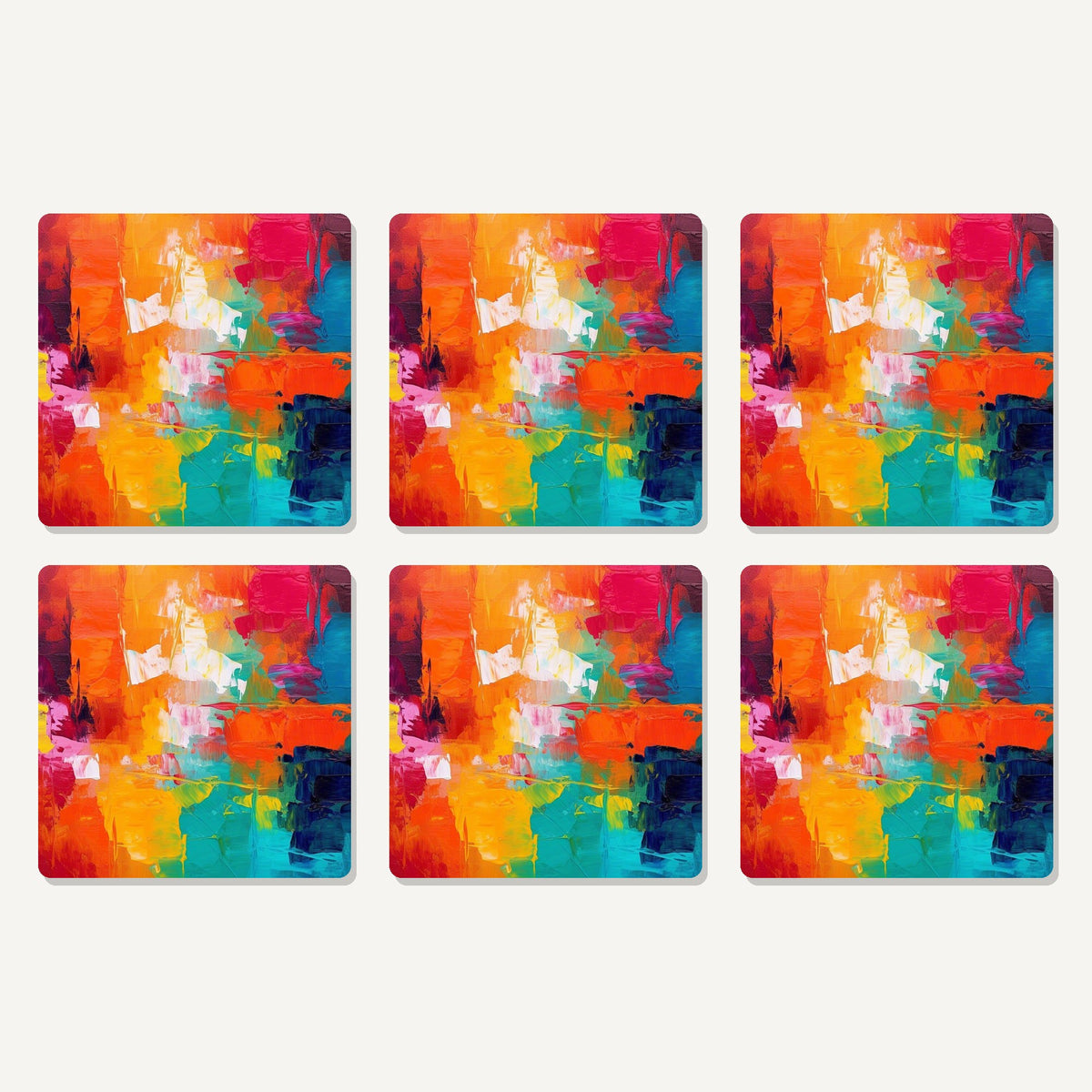 Flat lay of the sunset palette knife abstract artwork on six square coasters