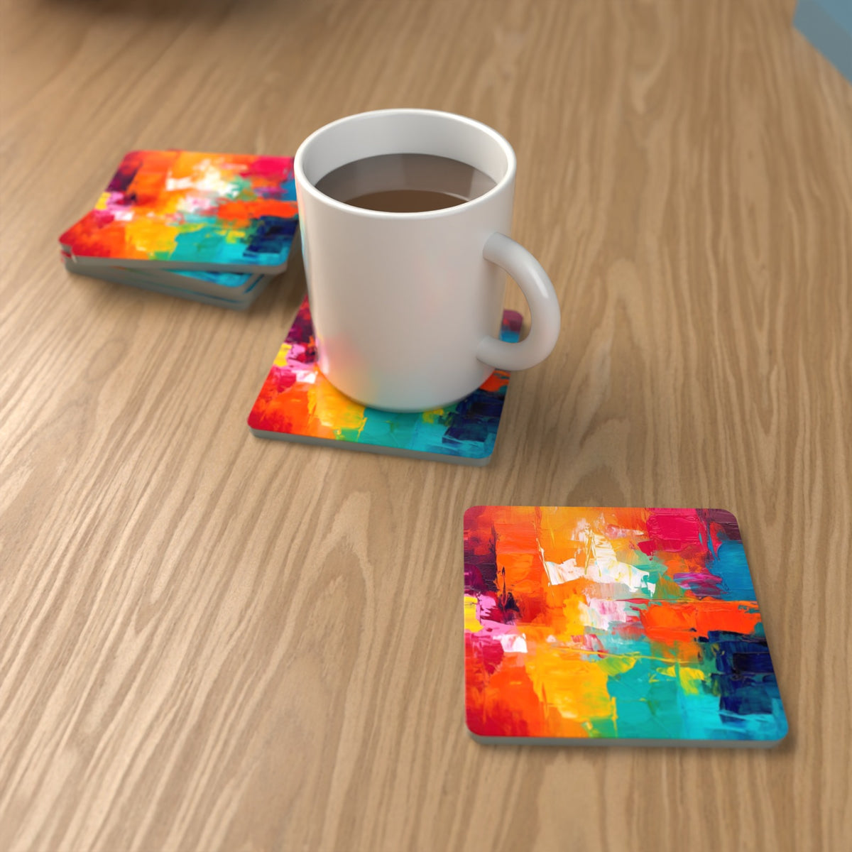 Sunset Palette Knife Abstract Square Glass Coasters – Set of 6 – lifestyle mockup with a mug of coffee