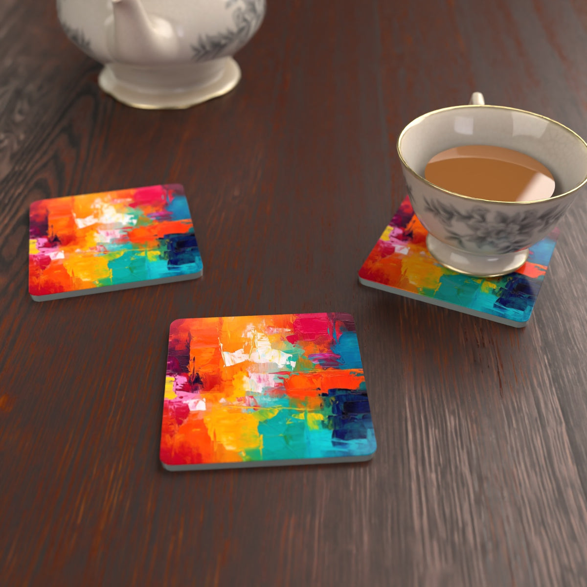 Sunset Palette Knife Abstract Square Glass Coasters – Set of 6 – lifestyle mockup with a teacup