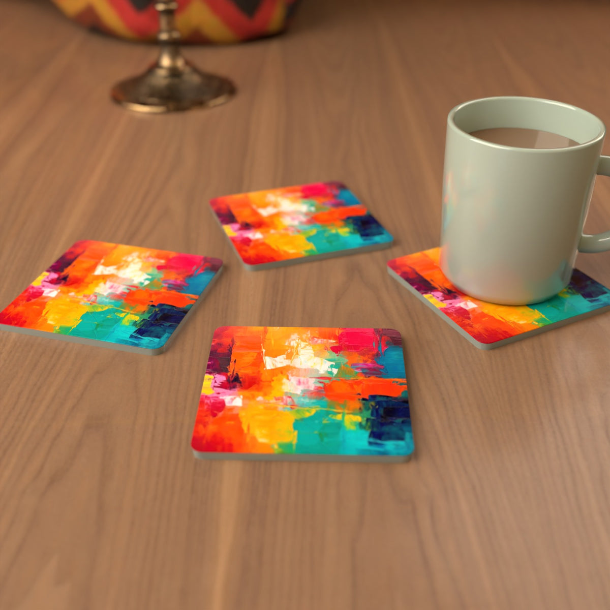 Sunset Palette Knife Abstract Square Glass Coasters – Set of 6 – cosy lifestyle mockup