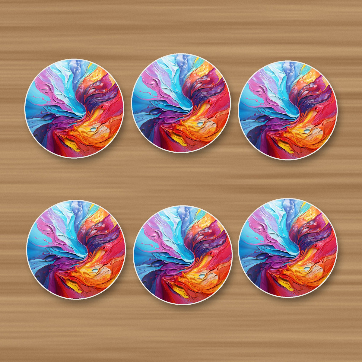 Rainbow Paint Swirl round ceramic coasters, set of 6, on an oak coffee table