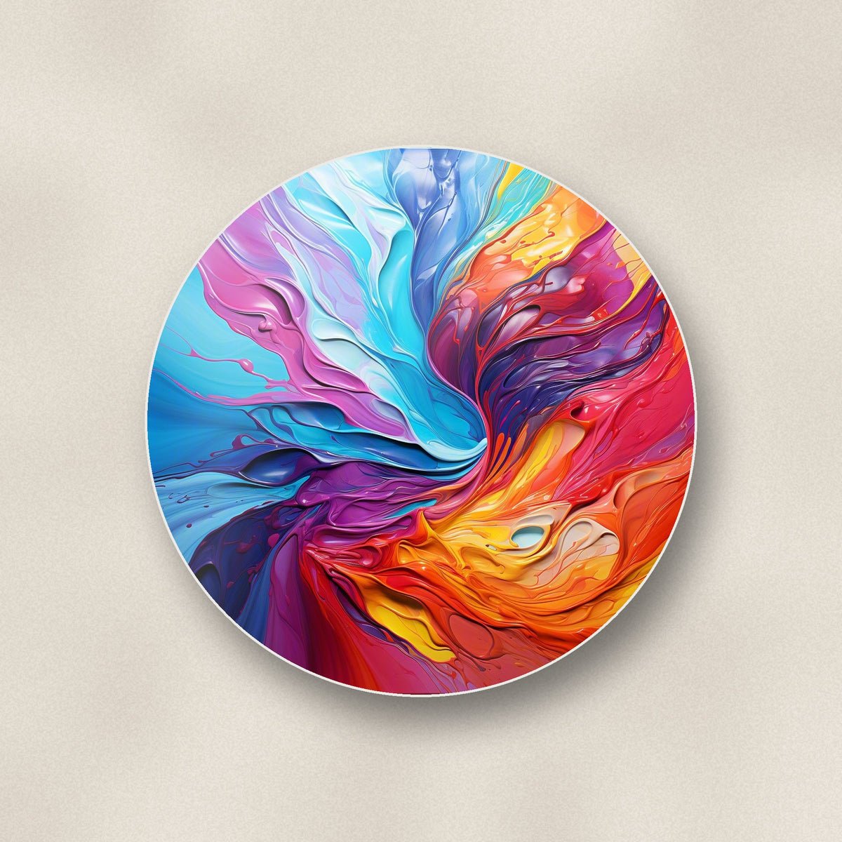 Close-up of one rainbow paint swirl round ceramic coaster, flat UV print