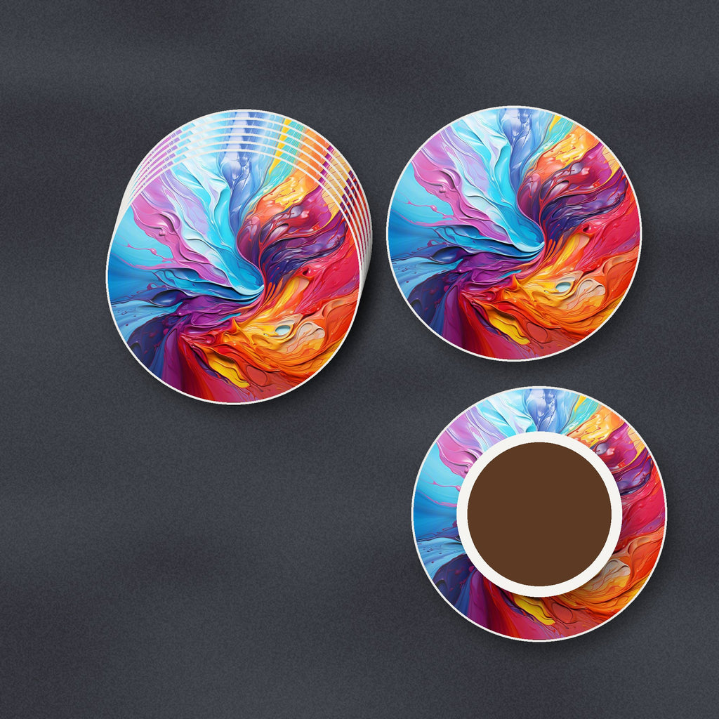 Rainbow Paint Swirl round ceramic coasters stacked on a slate kitchen worktop