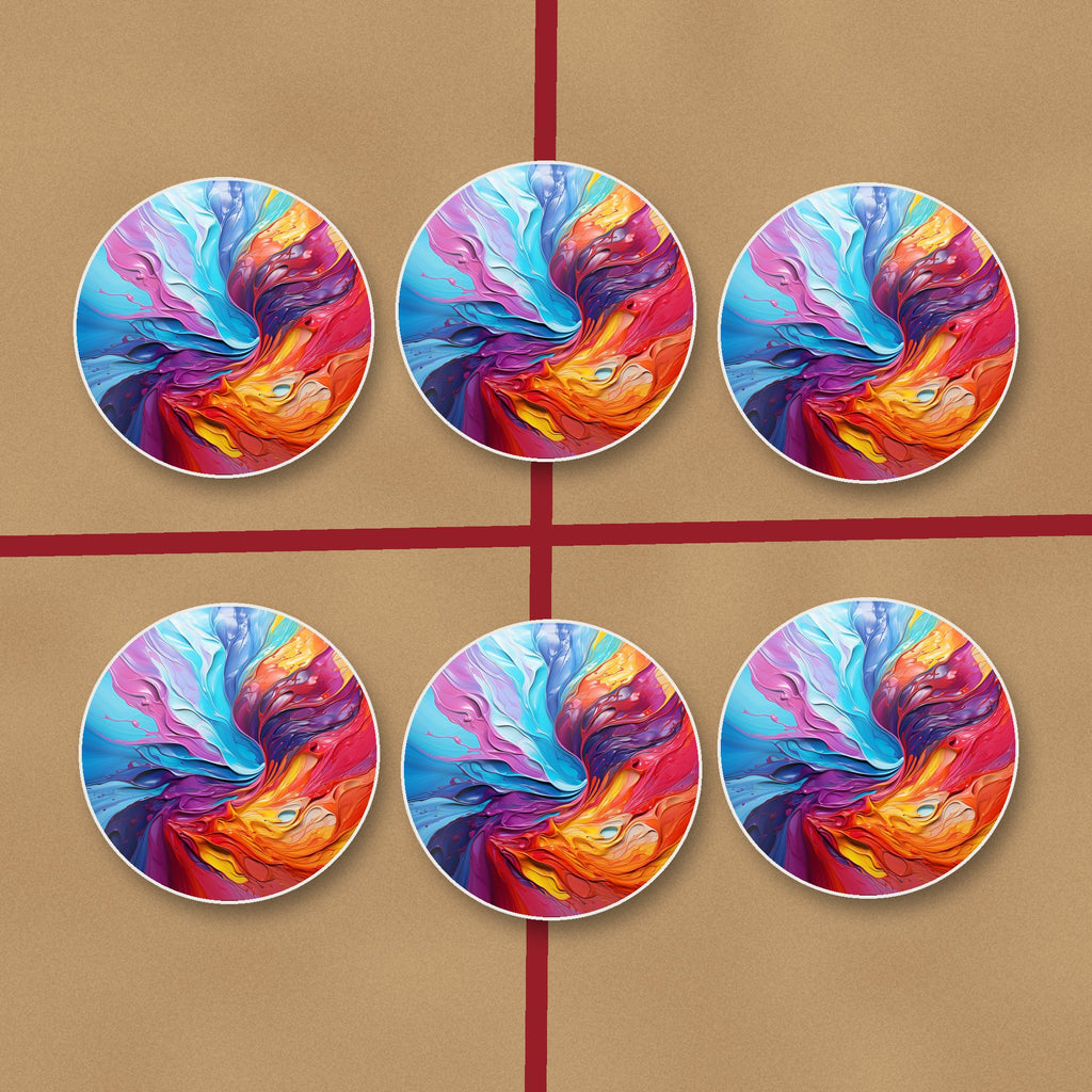Rainbow Paint Swirl round ceramic coasters on kraft gift wrap