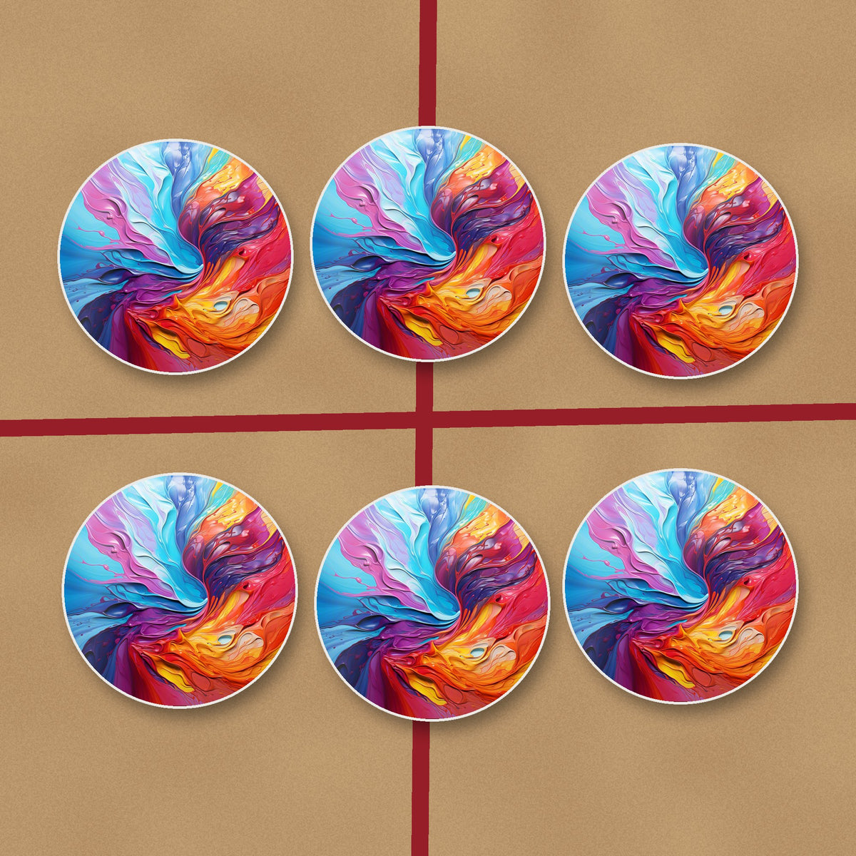 Rainbow Paint Swirl round ceramic coasters on kraft gift wrap