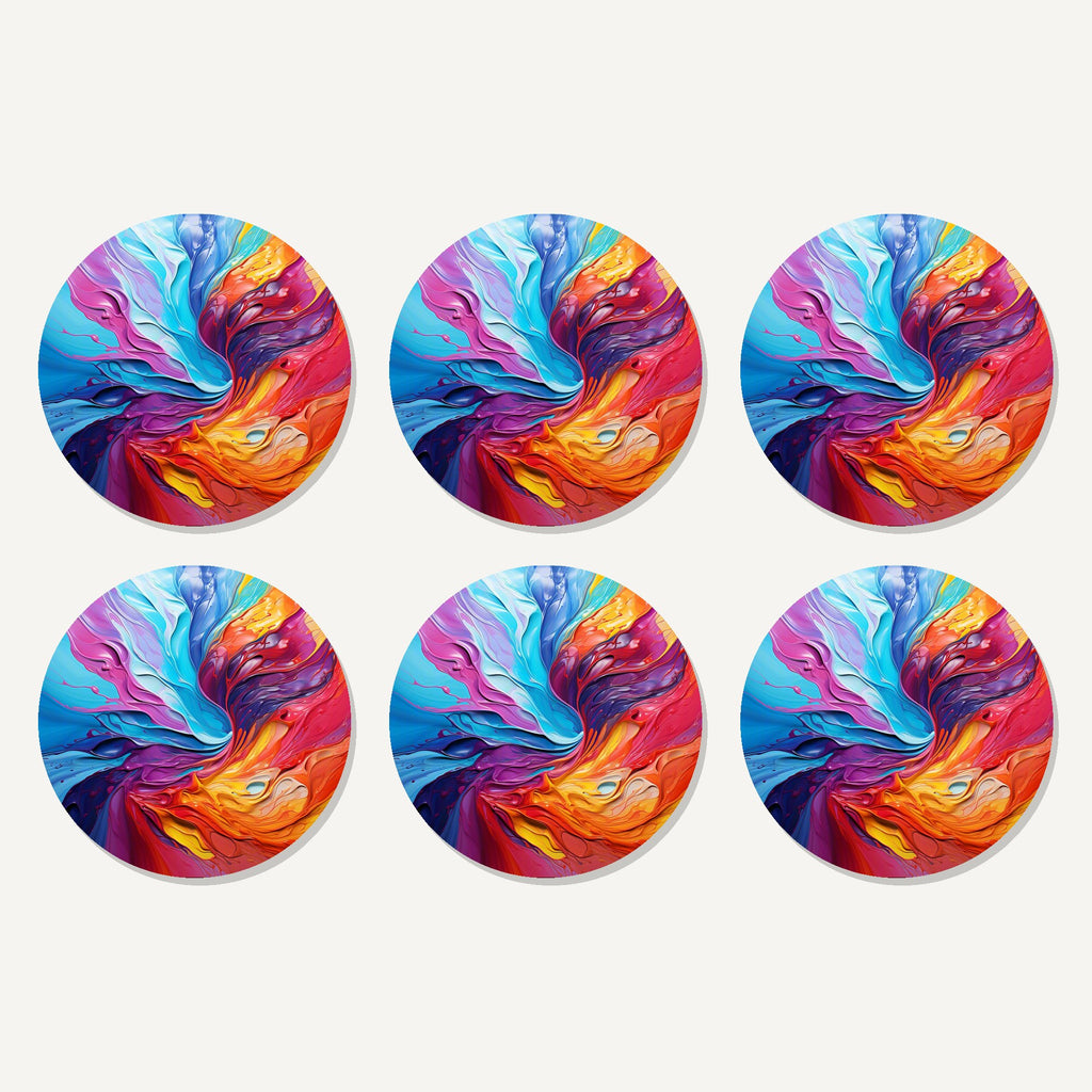 Flat lay of the rainbow paint swirl artwork on six round coasters