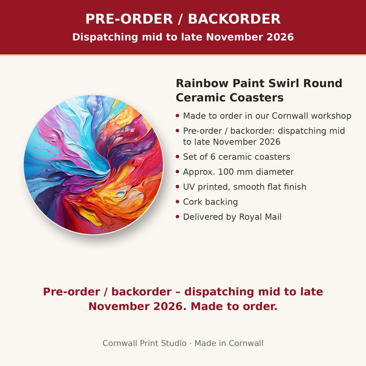 Info card: Rainbow Paint Swirl Round Ceramic Coasters – Set of 6, made to order, dispatching mid to late November 2026, delivered by Royal Mail