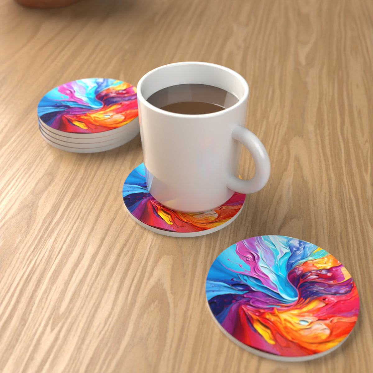 Rainbow Paint Swirl Round Ceramic Coasters – Set of 6 – lifestyle mockup with a mug of coffee