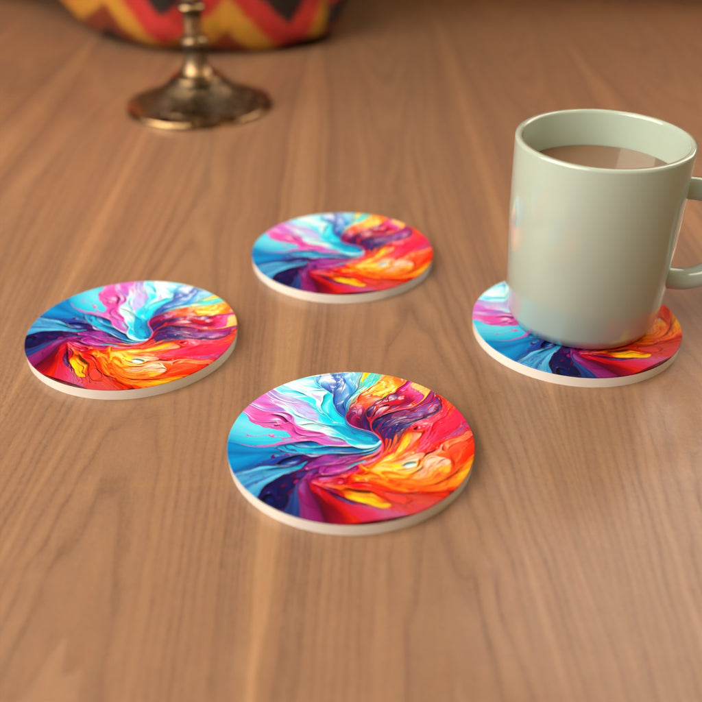 Rainbow Paint Swirl Round Ceramic Coasters – Set of 6 – cosy lifestyle mockup