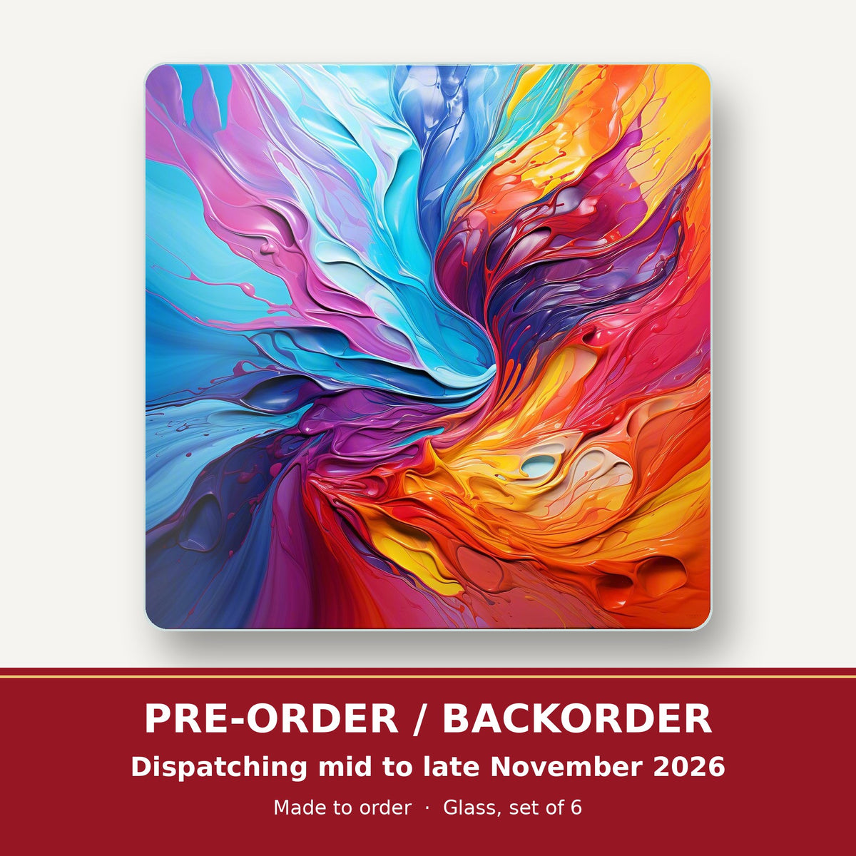 Rainbow Paint Swirl square glass coaster set of 6 – pre-order / backorder, dispatching mid to late November 2026
