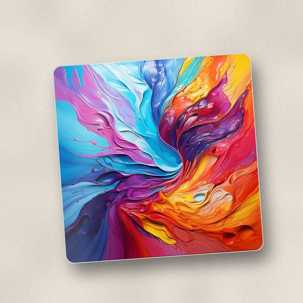 Close-up of one rainbow paint swirl square glass coaster, flat UV print