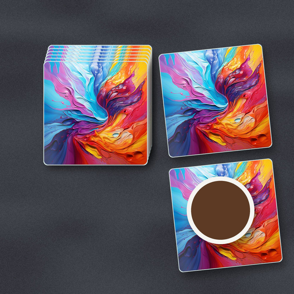 Rainbow Paint Swirl square glass coasters stacked on a slate kitchen worktop