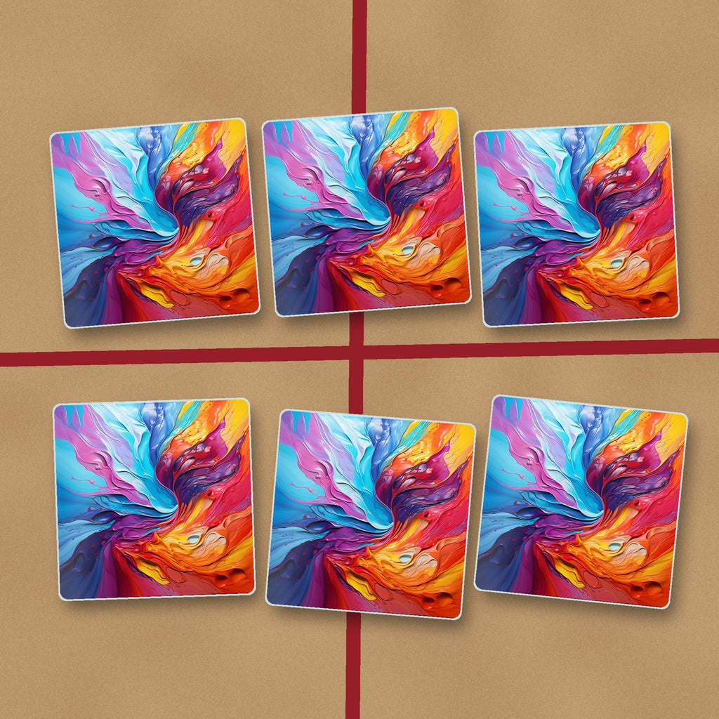 Rainbow Paint Swirl square glass coasters on kraft gift wrap