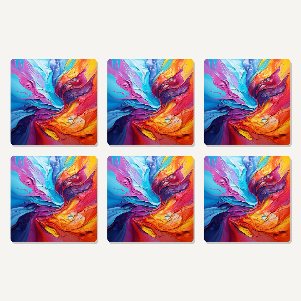 Flat lay of the rainbow paint swirl artwork on six square coasters