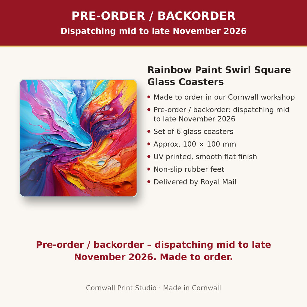 Info card: Rainbow Paint Swirl Square Glass Coasters – Set of 6, made to order, dispatching mid to late November 2026, delivered by Royal Mail