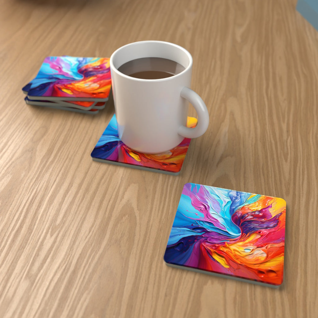 Rainbow Paint Swirl Square Glass Coasters – Set of 6 – lifestyle mockup with a mug of coffee